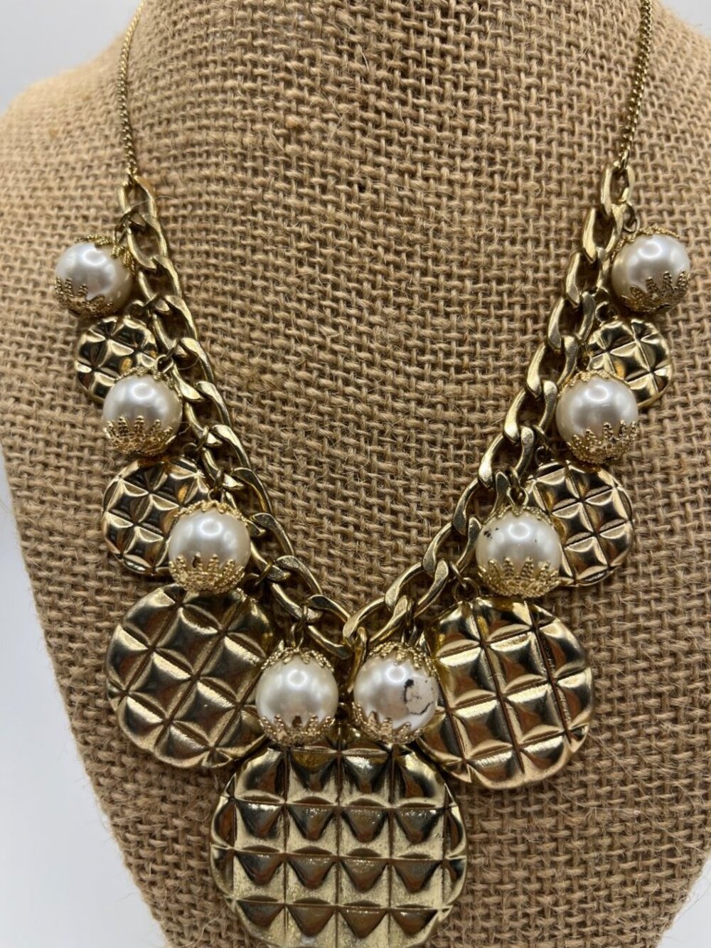 Gold Tone Statement Necklace With Pearl & Textured Disc Charms - Picture 5 of 6